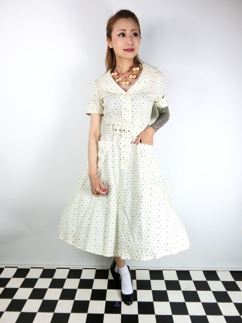 ☆Collectif Vintage☆ BRETTE POLKA DOT SWING DRESS Cream 17号